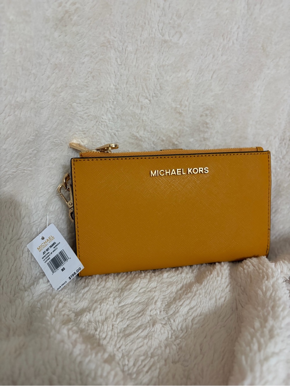 Michael Kors Mustard Saffiano Leather Zip Wallet with Gold Logo